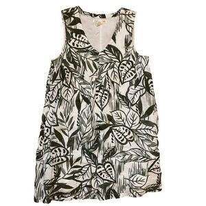 C&C 100% linen green and white palm‎ leaf print shift dress size small